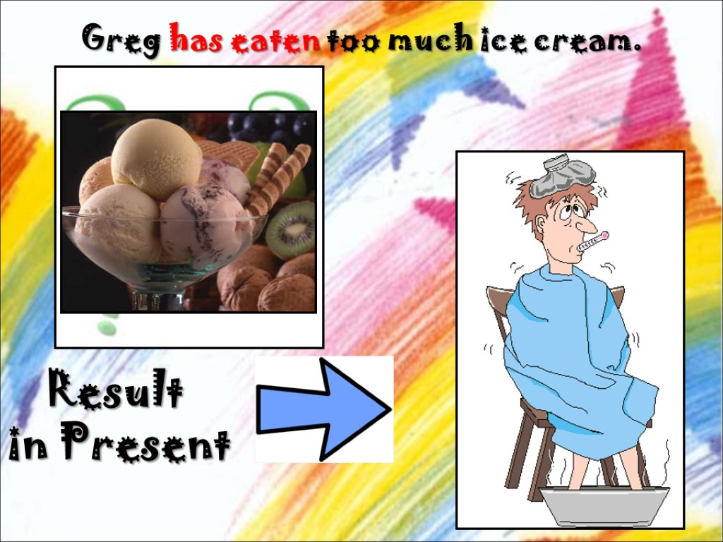 Greg has eaten too much ice cream. Result in Present